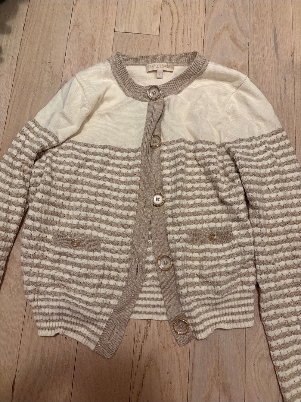 Ramy Brook Cream and Taupe Striped Button-Front Cardigan